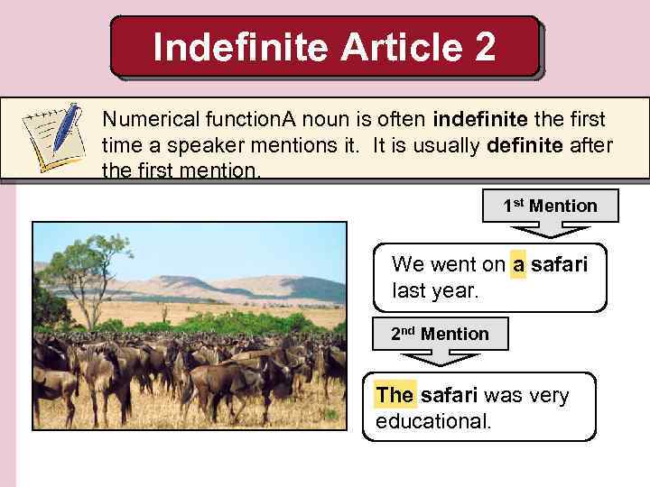 Indefinite Article 2 Numerical function. A noun is often indefinite the first time a
