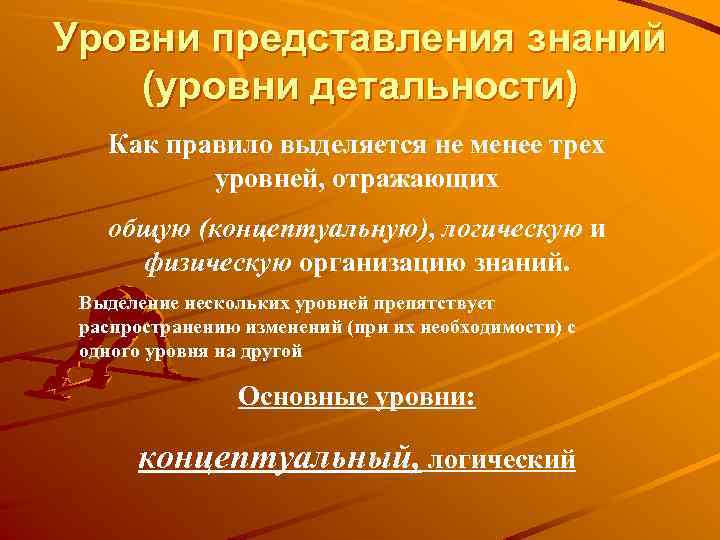 Уровни представления знаний (уровни детальности) Как правило выделяется не менее трех уровней, отражающих общую