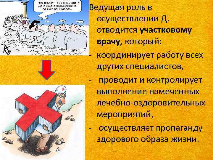 Ведущая роль в осуществлении Д. отводится участковому врачу, который: - координирует работу всех других