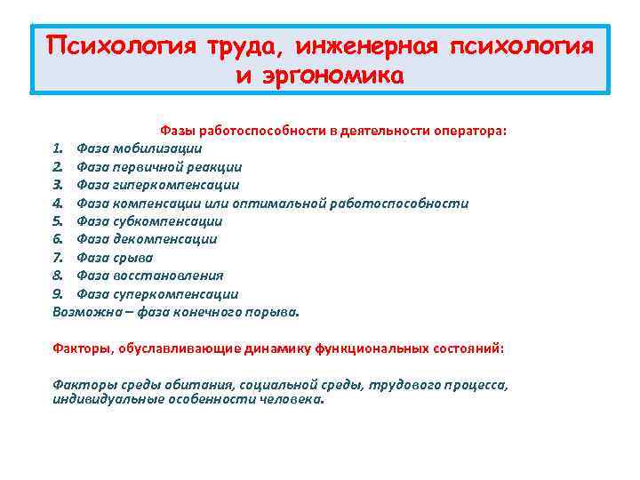 Психология труда, инженерная психология и эргономика Фазы работоспособности в деятельности оператора: 1. Фаза мобилизации