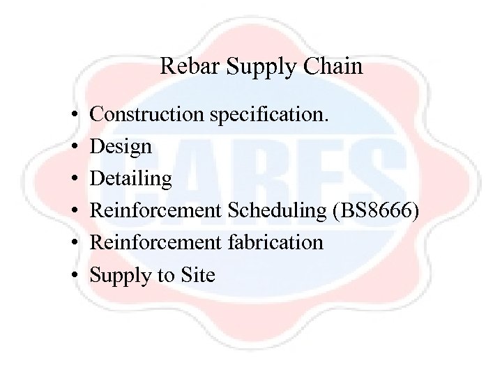 Rebar Supply Chain • • • Construction specification. Design Detailing Reinforcement Scheduling (BS 8666)