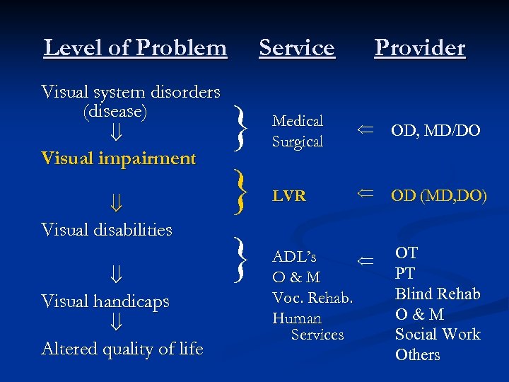 Level of Problem Visual system disorders (disease) Visual impairment Visual disabilities Visual handicaps Altered