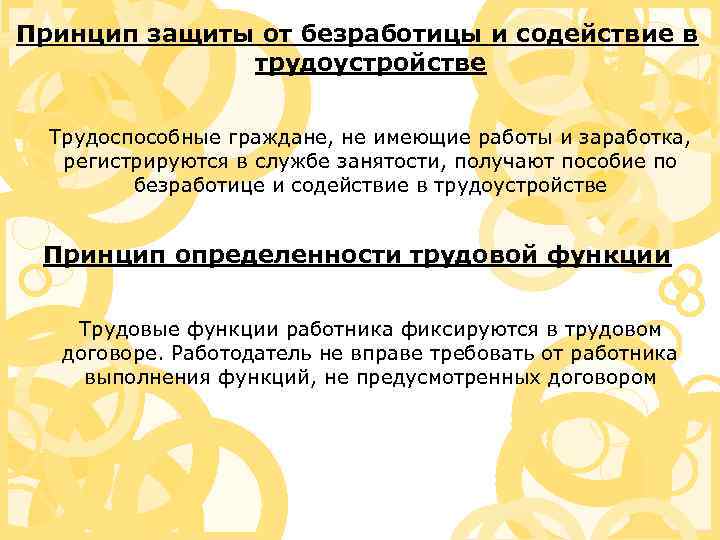 Принцип защиты от безработицы и содействие в трудоустройстве Трудоспособные граждане, не имеющие работы и