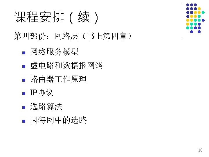 课程安排（续） 第四部份：网络层（书上第四章） n 网络服务模型 n 虚电路和数据报网络 n 路由器 作原理 n IP协议 n 选路算法 n
