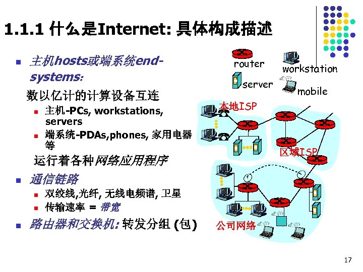 1. 1. 1 什么是Internet: 具体构成描述 n 主机hosts或端系统endsystems： 数以亿计的计算设备互连 n n 主机-PCs, workstations, servers 端系统-PDAs,