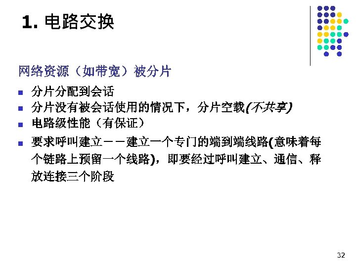 1. 电路交换 网络资源（如带宽）被分片 n n 分片分配到会话 分片没有被会话使用的情况下，分片空载(不共享) 电路级性能（有保证） 要求呼叫建立－－建立一个专门的端到端线路(意味着每 个链路上预留一个线路)，即要经过呼叫建立、通信、释 放连接三个阶段 32 