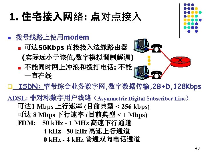 1. 住宅接入网络: 点对点接入 n 拨号线路上使用modem n 可达 56 Kbps 直接接入边缘路由器 (实际远小于该值, 数字模拟调制解调) n 不能同时网上冲浪和拨打电话: