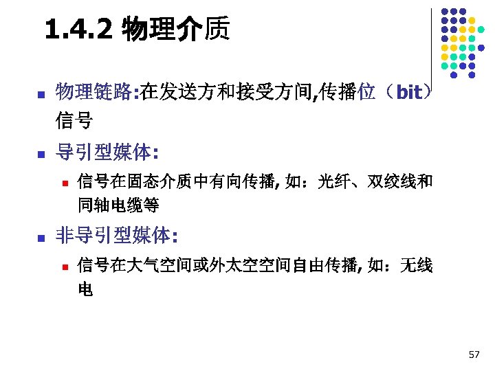 1. 4. 2 物理介质 n 物理链路: 在发送方和接受方间, 传播位（bit） 信号 n 导引型媒体: n n 信号在固态介质中有向传播,