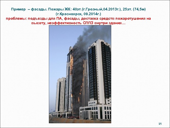 Пример – фасады. Пожары ЖК: 40 эт. (г. Грозный, 04. 2013 г. ), 25