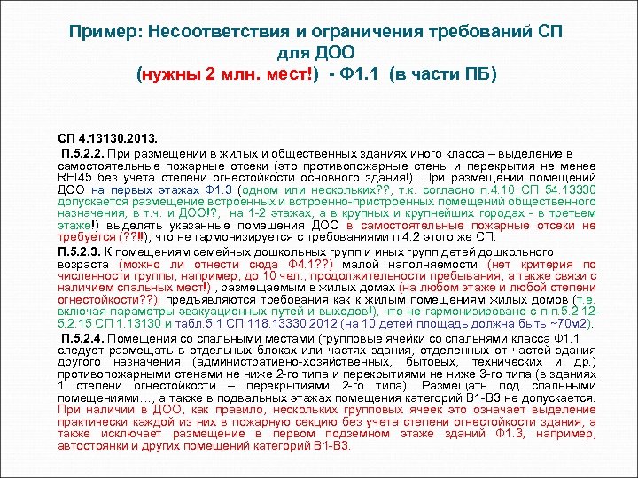 Пример: Несоответствия и ограничения требований СП для ДОО (нужны 2 млн. мест!) - Ф
