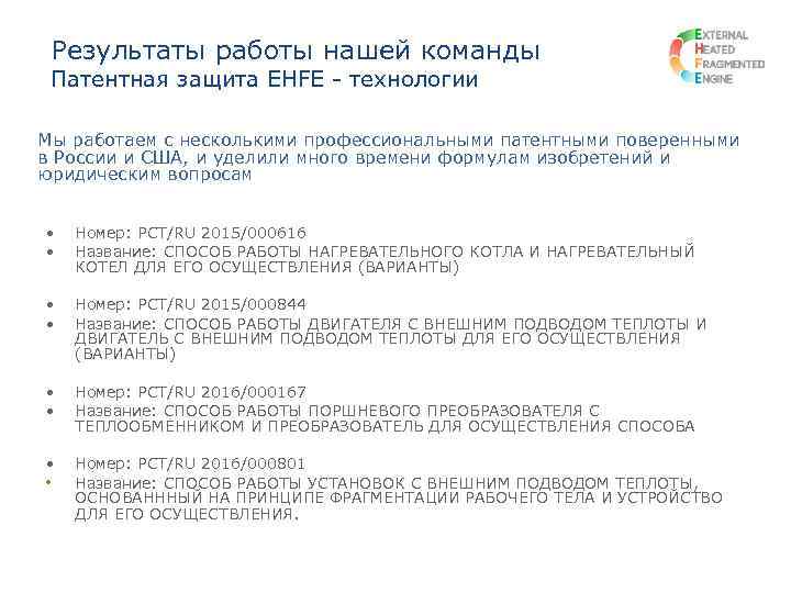 Результаты работы нашей команды Патентная защита EHFE - технологии Мы работаем с несколькими профессиональными