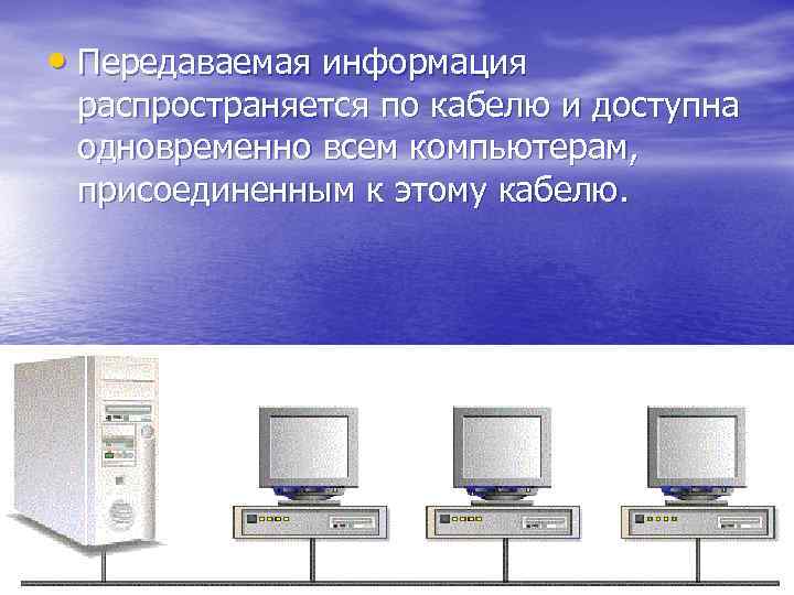  • Передаваемая информация распространяется по кабелю и доступна одновременно всем компьютерам, присоединенным к