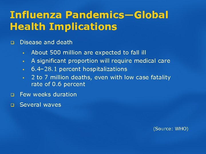 Influenza Pandemics—Global Health Implications q Disease and death § § About 500 million are