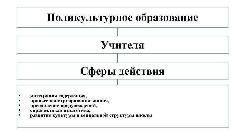 Поликультурное образование Учителя Сферы действия • • • интеграция содержания, процесс конструирования знания, преодоление