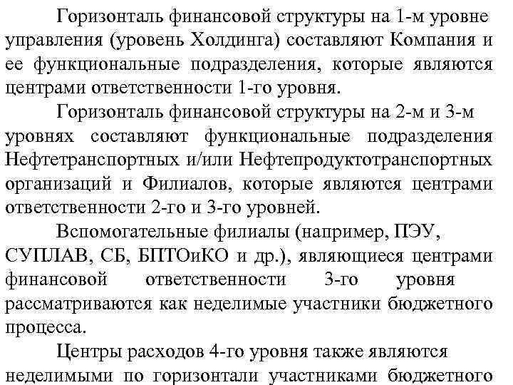 Горизонталь финансовой структуры на 1 -м уровне управления (уровень Холдинга) составляют Компания и ее