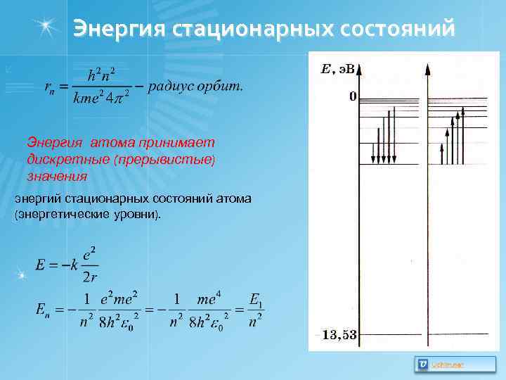 Энергии энерг уровней в атоме водорода. Энергия стационарного состояния. Схема уровней энергии атома. Стационарные состояния атома водорода.