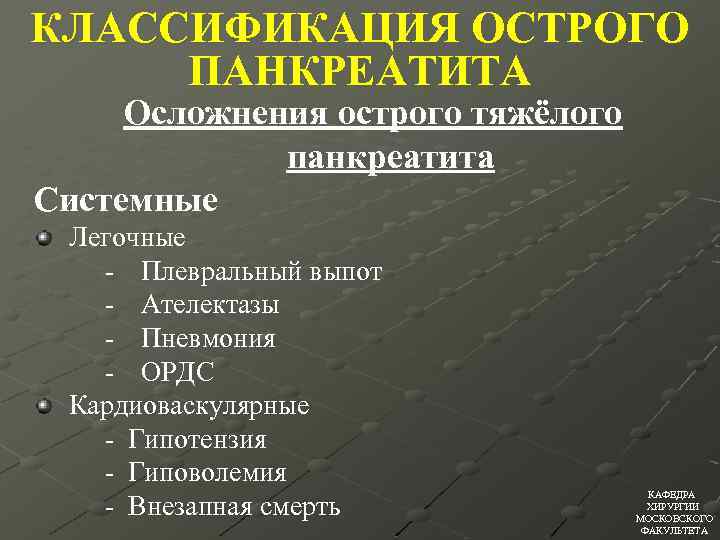 КЛАССИФИКАЦИЯ ОСТРОГО ПАНКРЕАТИТА Осложнения острого тяжёлого панкреатита Системные Легочные - Плевральный выпот - Ателектазы