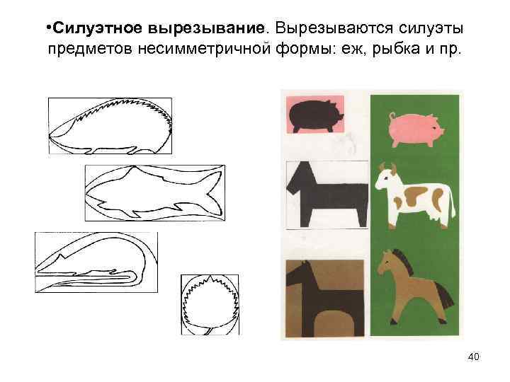  • Силуэтное вырезывание. Вырезываются силуэты предметов несимметричной формы: еж, рыбка и пр. 40