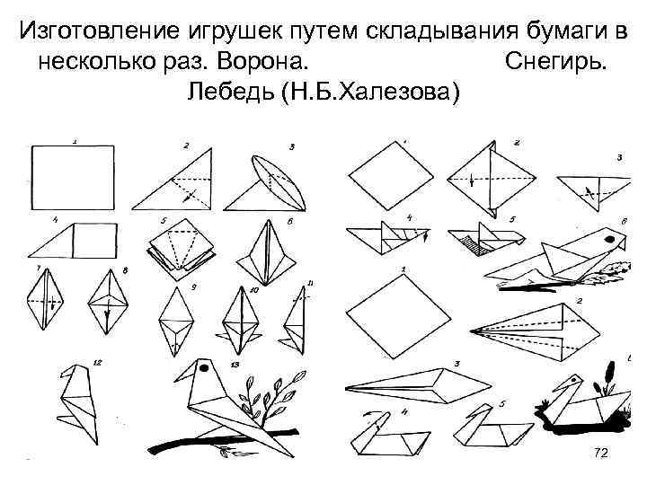 Изготовление игрушек путем складывания бумаги в несколько раз. Ворона. Снегирь. Лебедь (Н. Б. Халезова)