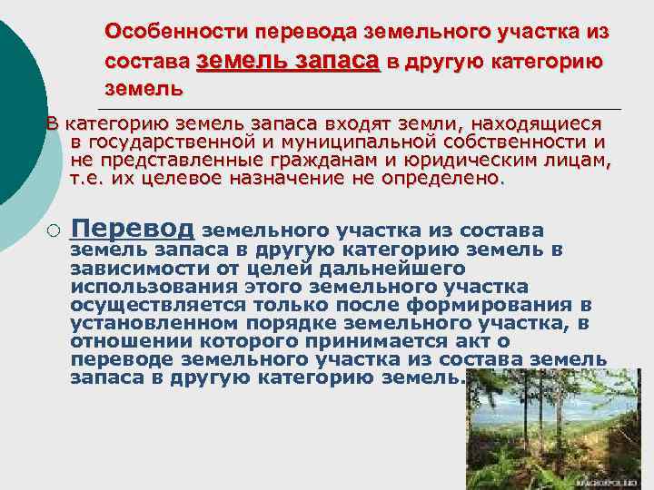 Особенности перевода земельного участка из состава земель запаса в другую категорию земель В категорию