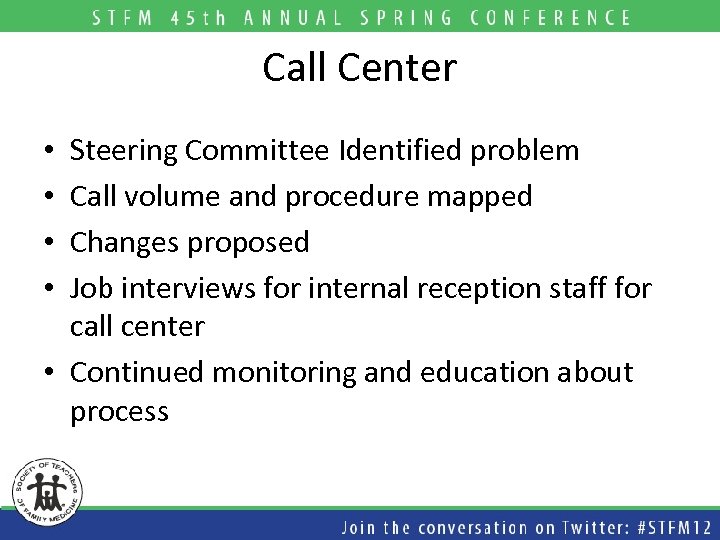 Call Center Steering Committee Identified problem Call volume and procedure mapped Changes proposed Job