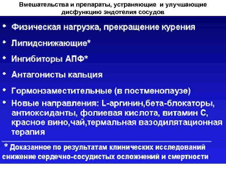 Вмешательства и препараты, устраняющие и улучшающие дисфункцию эндотелия сосудов 