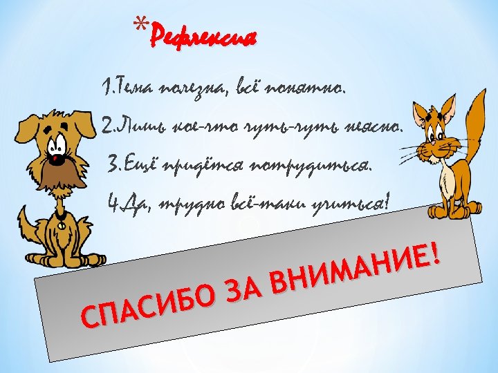 *Рефлексия 1. Тема полезна, всё понятно. 2. Лишь кое-что чуть-чуть неясно. 3. Ещё придётся