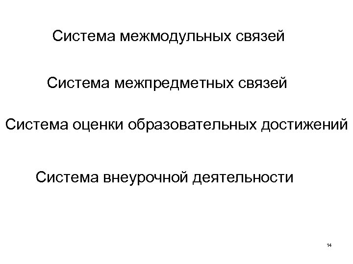 Система межмодульных связей Система межпредметных связей Система оценки образовательных достижений Система внеурочной деятельности 14