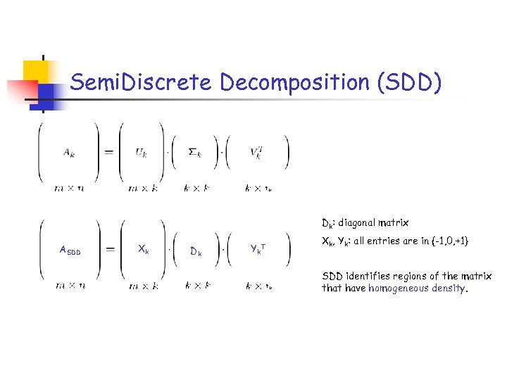 Semi. Discrete Decomposition (SDD) Dk: diagonal matrix ASDD Xk Dk Yk T Xk, Yk: