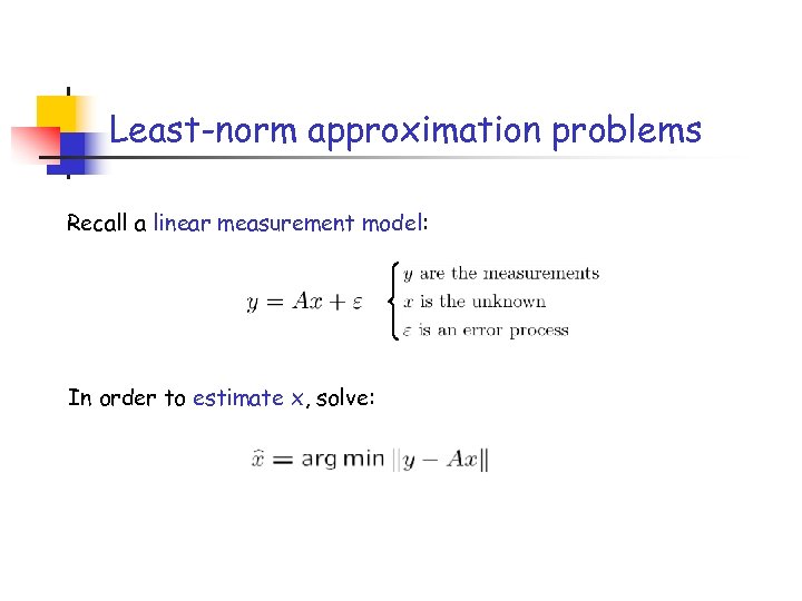 Least-norm approximation problems Recall a linear measurement model: In order to estimate x, solve: