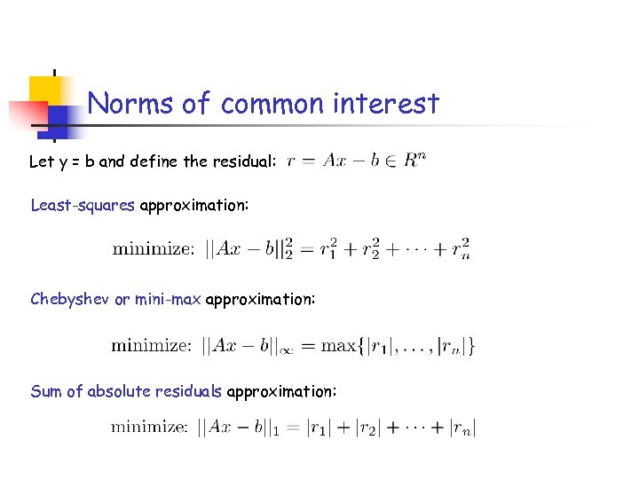 Norms of common interest Let y = b and define the residual: Least-squares approximation: