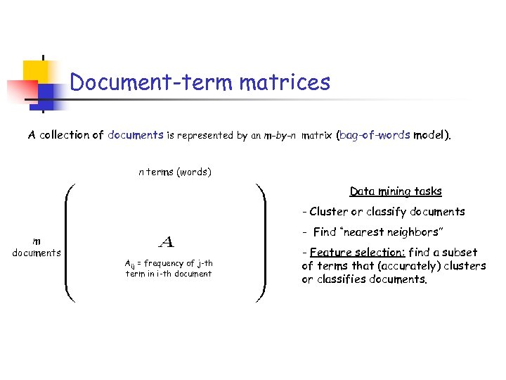 Document-term matrices A collection of documents is represented by an m-by-n matrix (bag-of-words model).