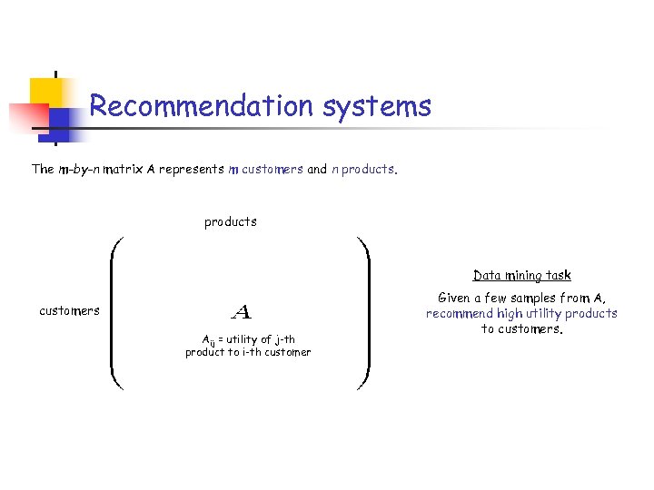 Recommendation systems The m-by-n matrix A represents m customers and n products Data mining