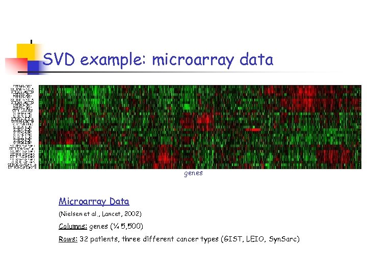 SVD example: microarray data genes Microarray Data (Nielsen et al. , Lancet, 2002) Columns: