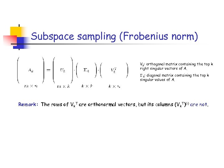 Subspace sampling (Frobenius norm) Vk: orthogonal matrix containing the top k right singular vectors