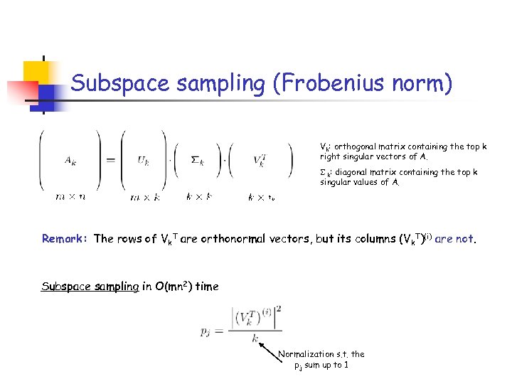 Subspace sampling (Frobenius norm) Vk: orthogonal matrix containing the top k right singular vectors
