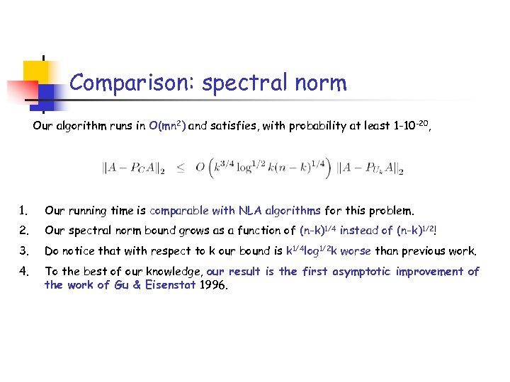 Comparison: spectral norm Our algorithm runs in O(mn 2) and satisfies, with probability at