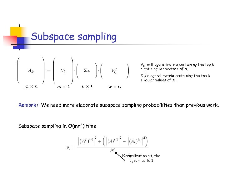 Subspace sampling Vk: orthogonal matrix containing the top k right singular vectors of A.