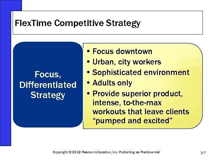 Flex. Time Competitive Strategy Focus, Differentiated Strategy • Focus downtown • Urban, city workers