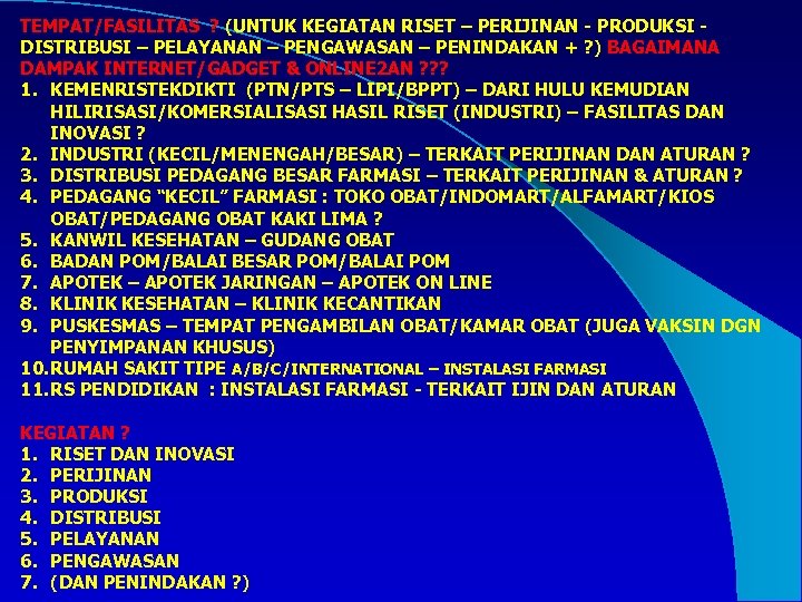TEMPAT/FASILITAS ? (UNTUK KEGIATAN RISET – PERIJINAN - PRODUKSI - DISTRIBUSI – PELAYANAN –