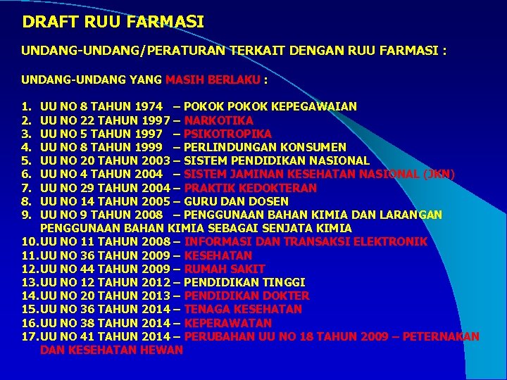  DRAFT RUU FARMASI UNDANG-UNDANG/PERATURAN TERKAIT DENGAN RUU FARMASI : UNDANG-UNDANG YANG MASIH BERLAKU