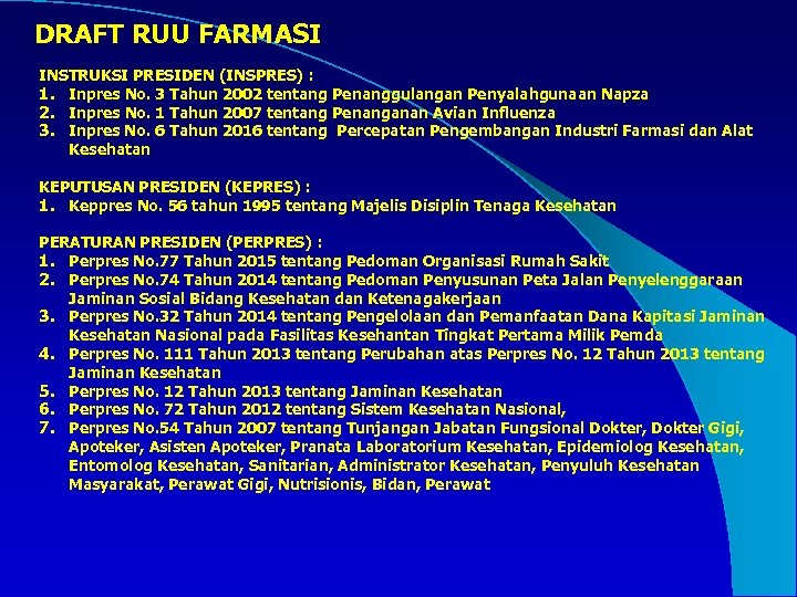  DRAFT RUU FARMASI INSTRUKSI PRESIDEN (INSPRES) : 1. Inpres No. 3 Tahun 2002