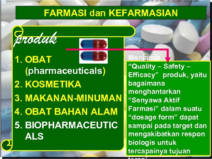 FARMASI dan KEFARMASIAN produk 1. OBAT (pharmaceuticals) 2. KOSMETIKA 3. MAKANAN-MINUMAN 4. OBAT BAHAN