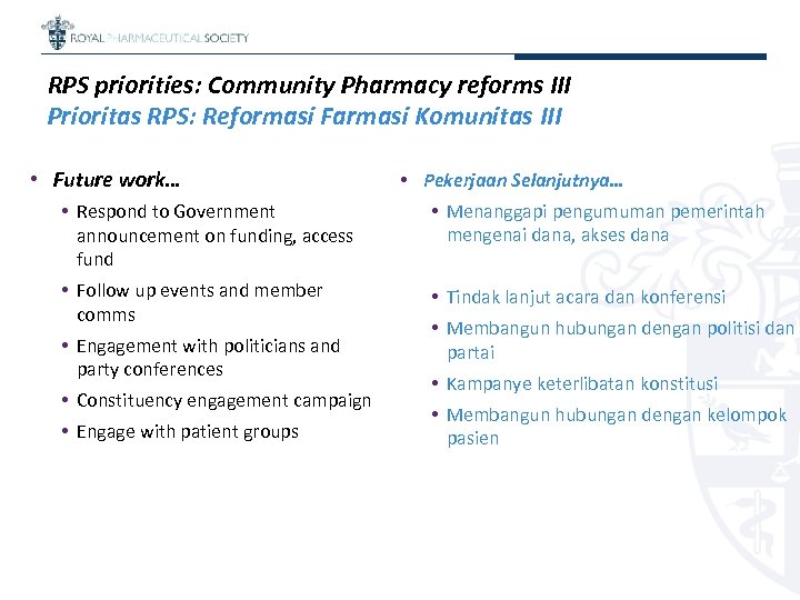 RPS priorities: Community Pharmacy reforms III Prioritas RPS: Reformasi Farmasi Komunitas III • Future