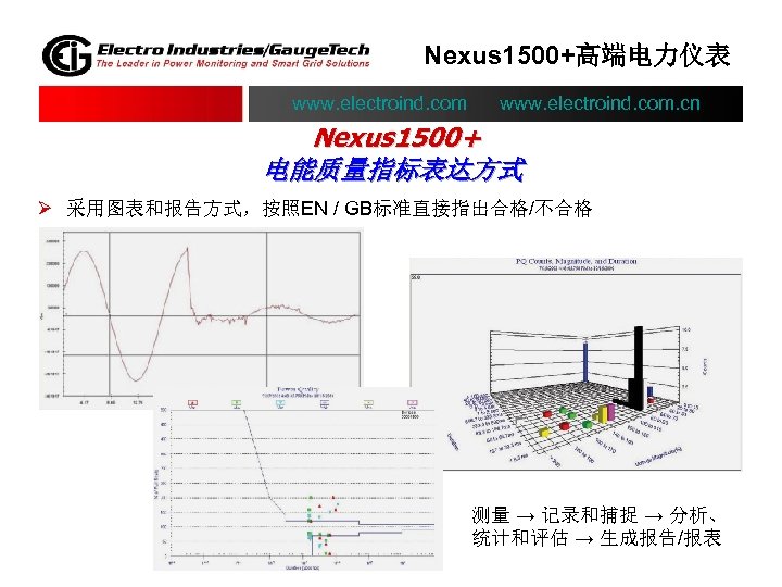 Nexus 1500+高端电力仪表 www. electroind. com. cn Nexus 1500+ 电能质量指标表达方式 Ø 采用图表和报告方式，按照EN / GB标准直接指出合格/不合格 测量