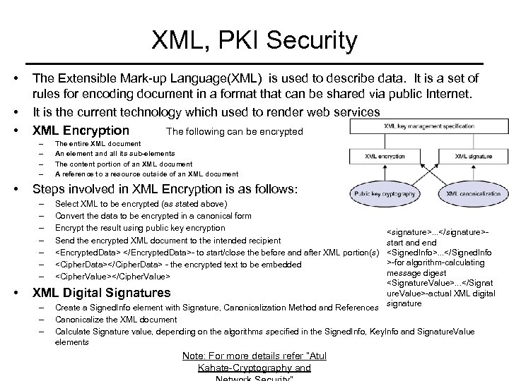 XML, PKI Security • • • The Extensible Mark-up Language(XML) is used to describe