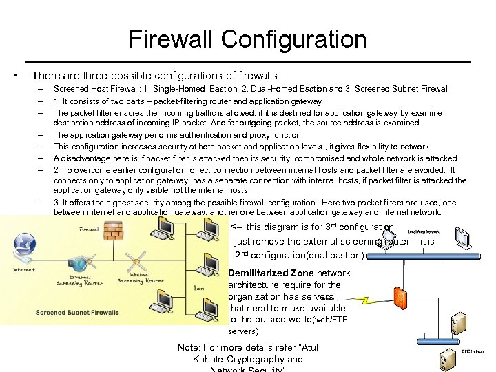Firewall Configuration • There are three possible configurations of firewalls – – – –