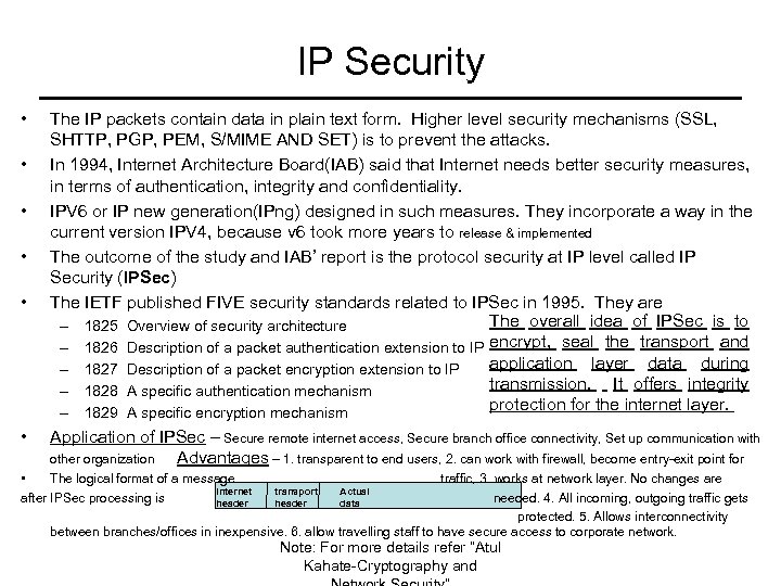 IP Security • • • The IP packets contain data in plain text form.