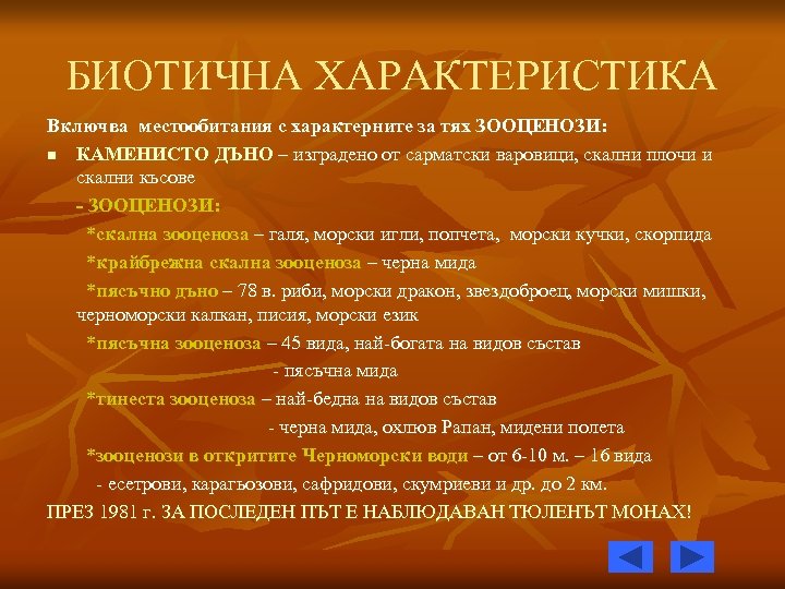 БИОТИЧНА ХАРАКТЕРИСТИКА Включва местообитания с характерните за тях ЗООЦЕНОЗИ: n КАМЕНИСТО ДЪНО – изградено