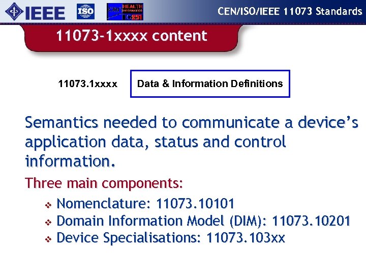 CEN/ISO/IEEE 11073 Standards 11073 -1 xxxx content 11073. 1 xxxx Data & Information Definitions